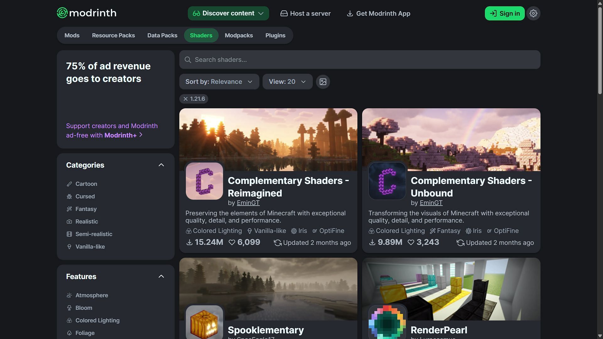 Find and download any shader pack for Minecraft 1.21.6 (Image via Modrinth)